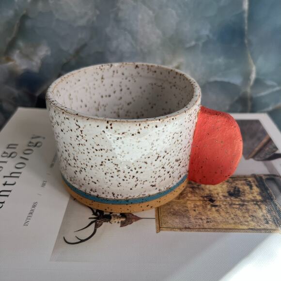 Studio Art Pottery Hand Thrown Mug 3" Speckled White Black Unique Orange Handle - Picture 7 of 12